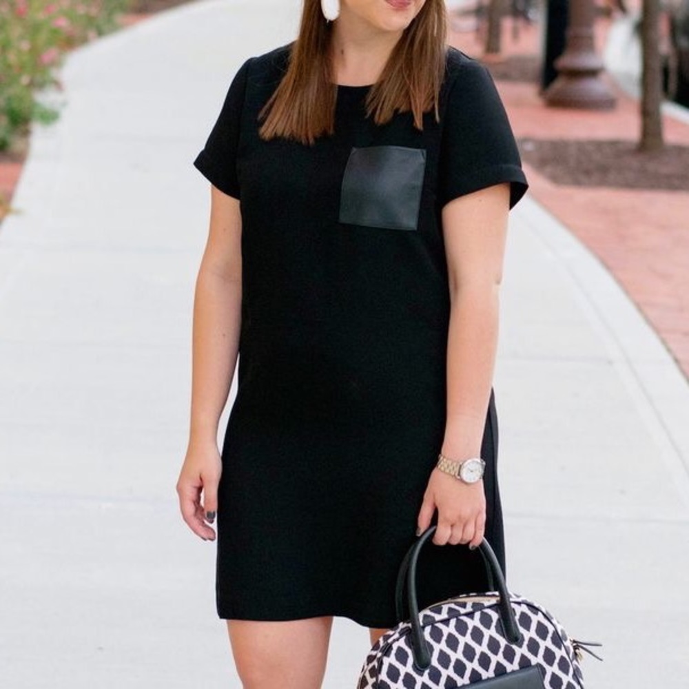 JCrew Black Shift Tshirt Dress with Leather Pocket